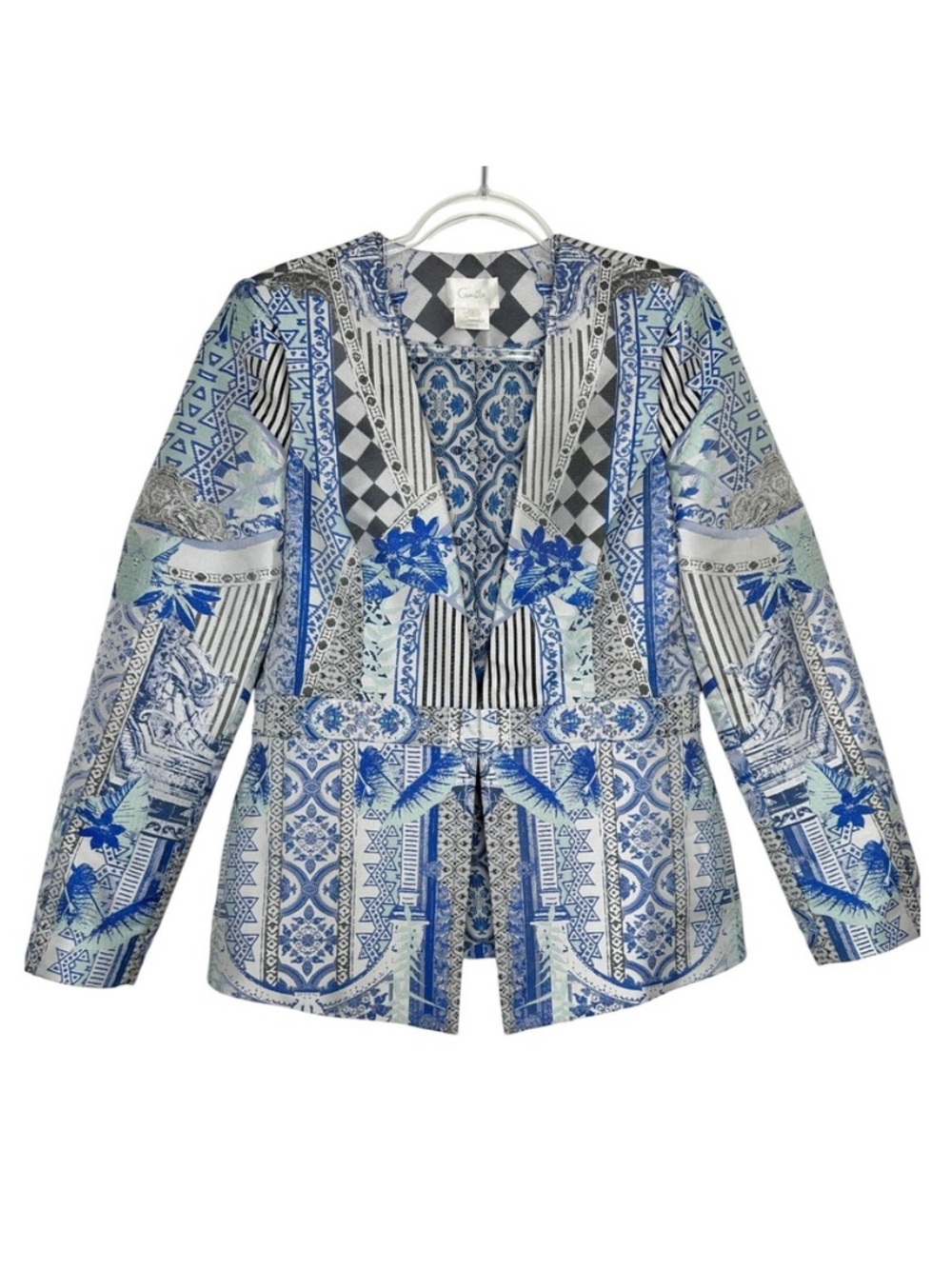 Camilla Blazer Embellished Size L Blue White Mosaic Print Art